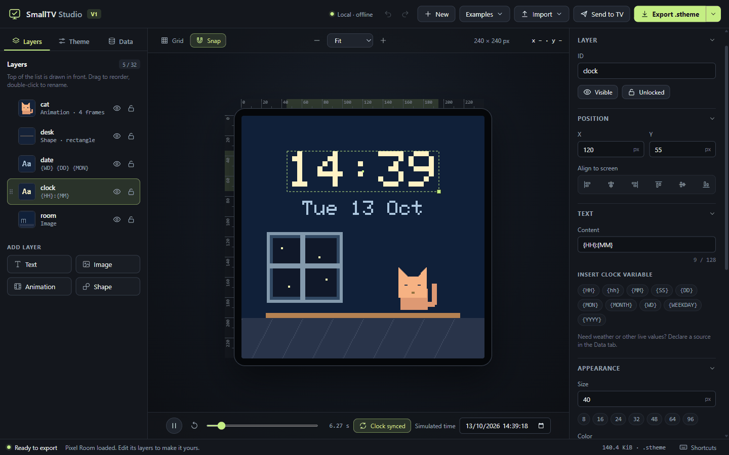 SmallTV Studio editing the Pixel Room theme